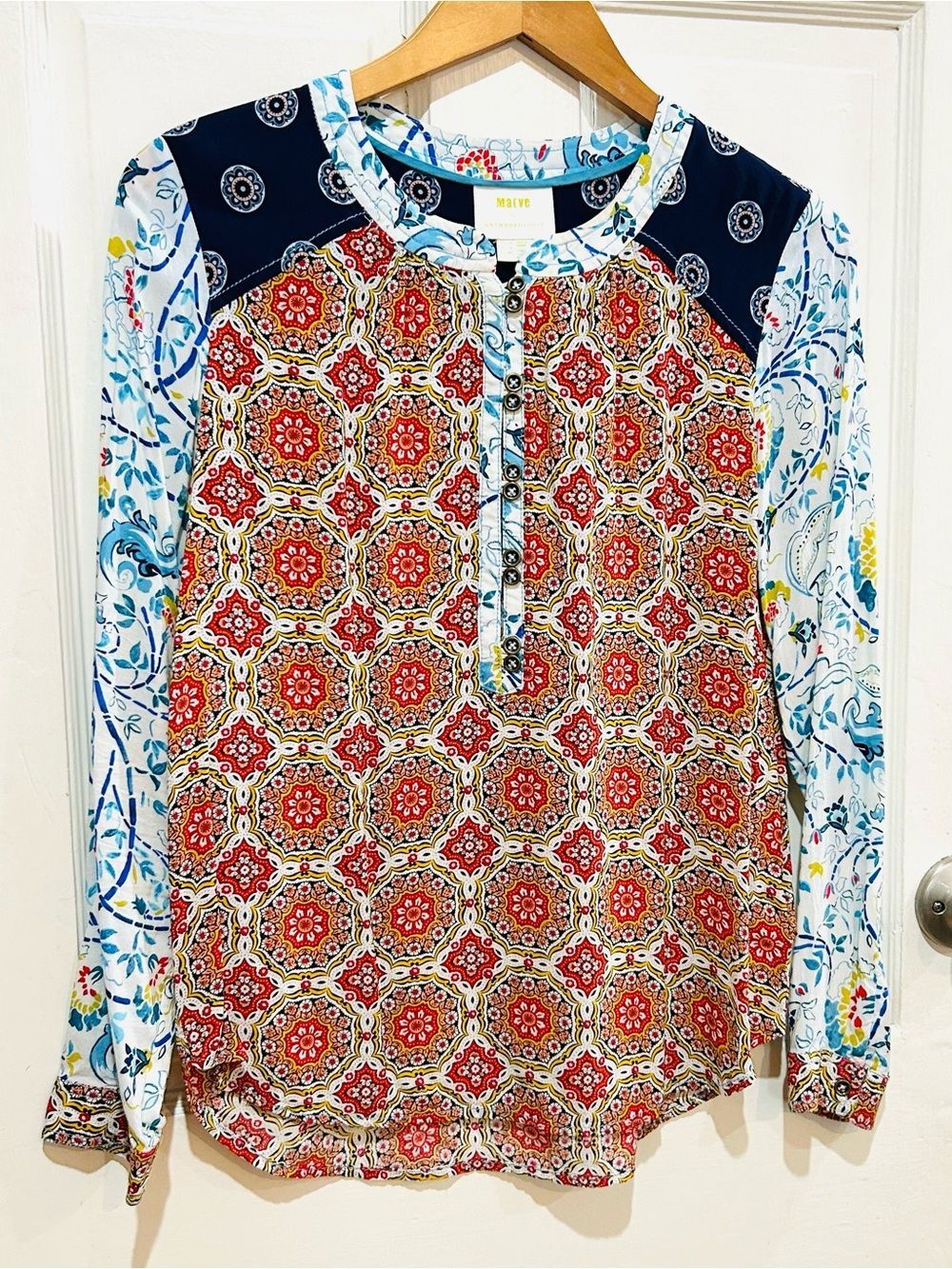 Anthropologie Maeve Mandala Henley Top Boho Maximalist Dopamine Paisley Size 8 - Picture 5 of 10